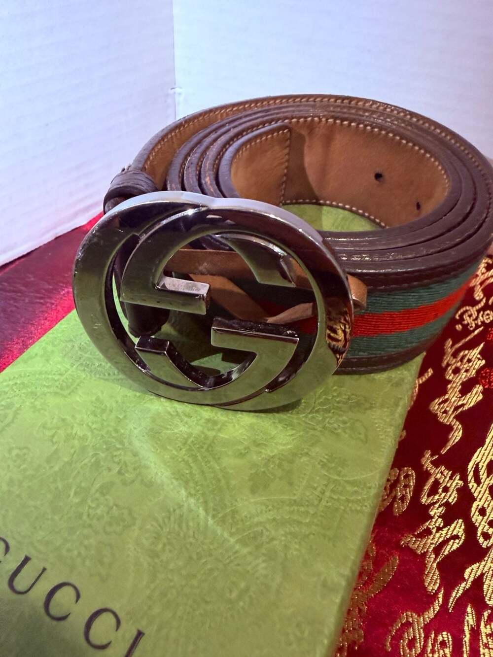Gucci Interlocking G Web Stripe Belt Size 125 50 Brown Leather